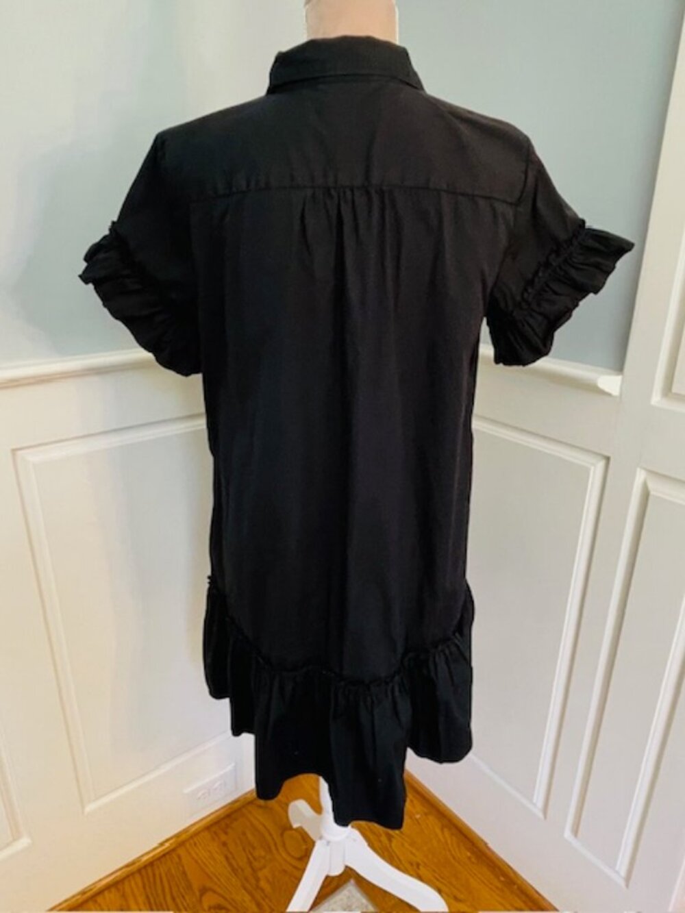 J.Crew Cotton Shirt Dress Black Ruffle Trim Button Front Midi Dress Medium - Picture 7 of 8